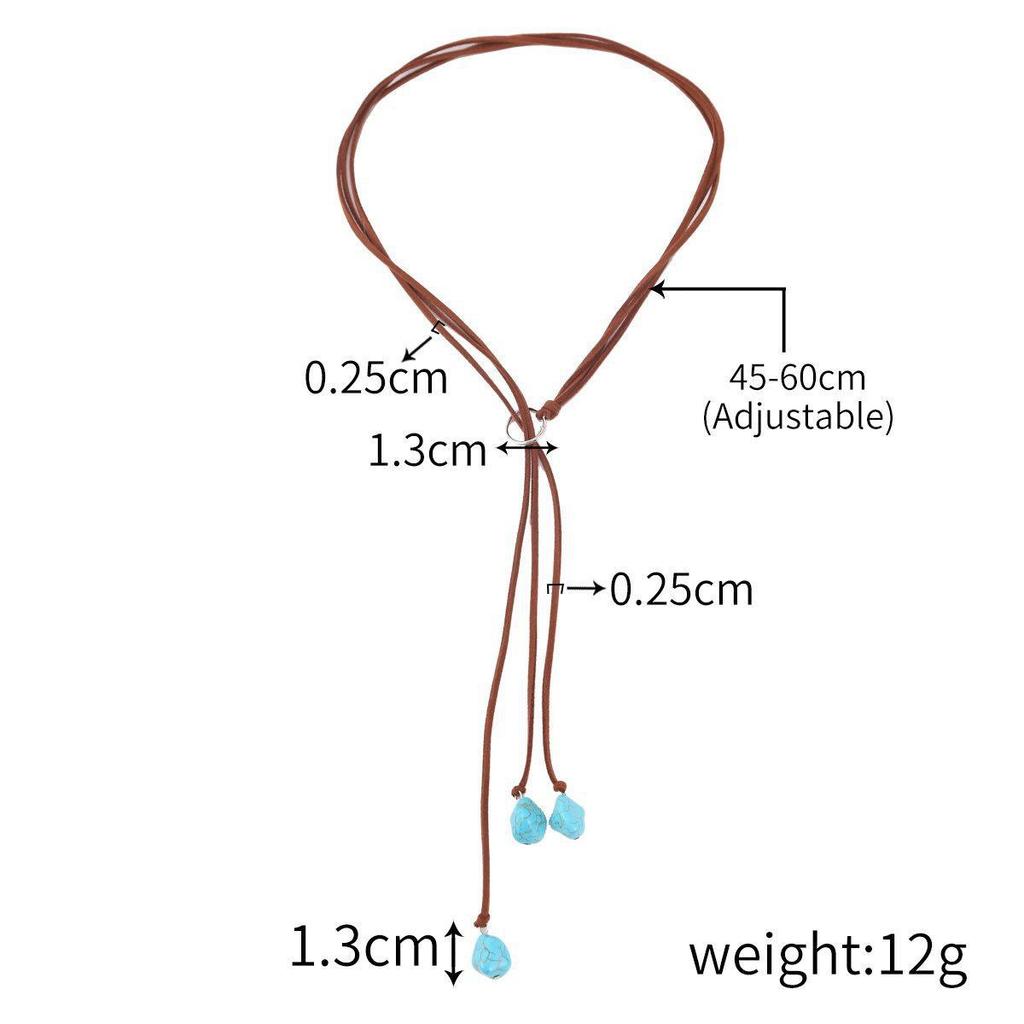 Böhmische türkisfarbene Halskette, lange Kette, Quasten, handgefertigter Vintage-Schmuck, brauner Riemen, Strand-Halskette XYZ