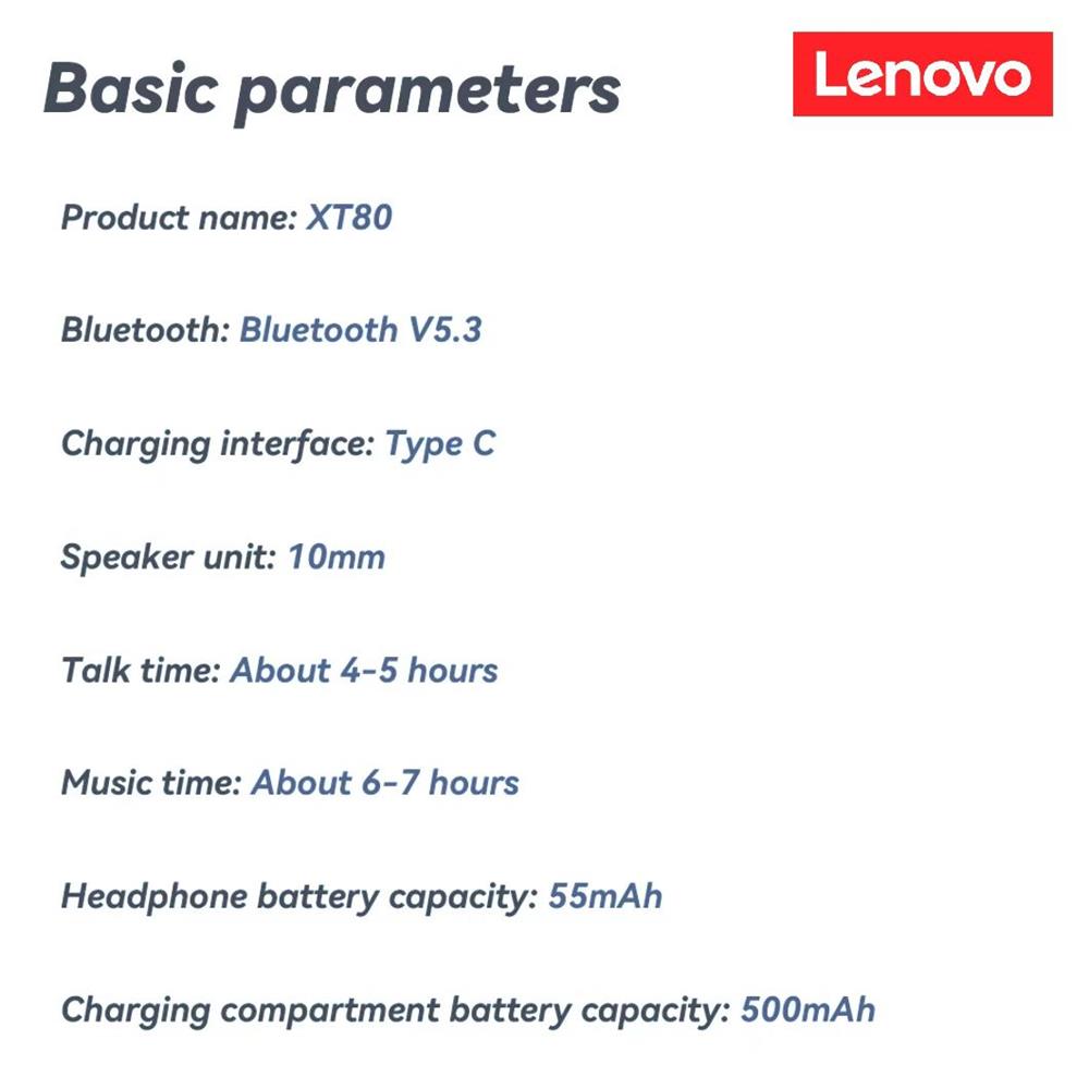 Auricolari originali Lenovo XT80 True Wireless Bluetooth 5.3 con controllo del pulsante del microfono Display di alimentazione Riduzione del rumore Ganci per le orecchie Cuffie impermeabili