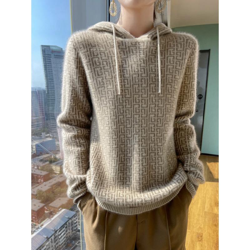 

Жаккардовое шерстяное худи для женщин на осень и зиму, новый повседневный и универсальный кашемировый вязаный свитер, мягкий и эластичный, приятный к коже свитер M
