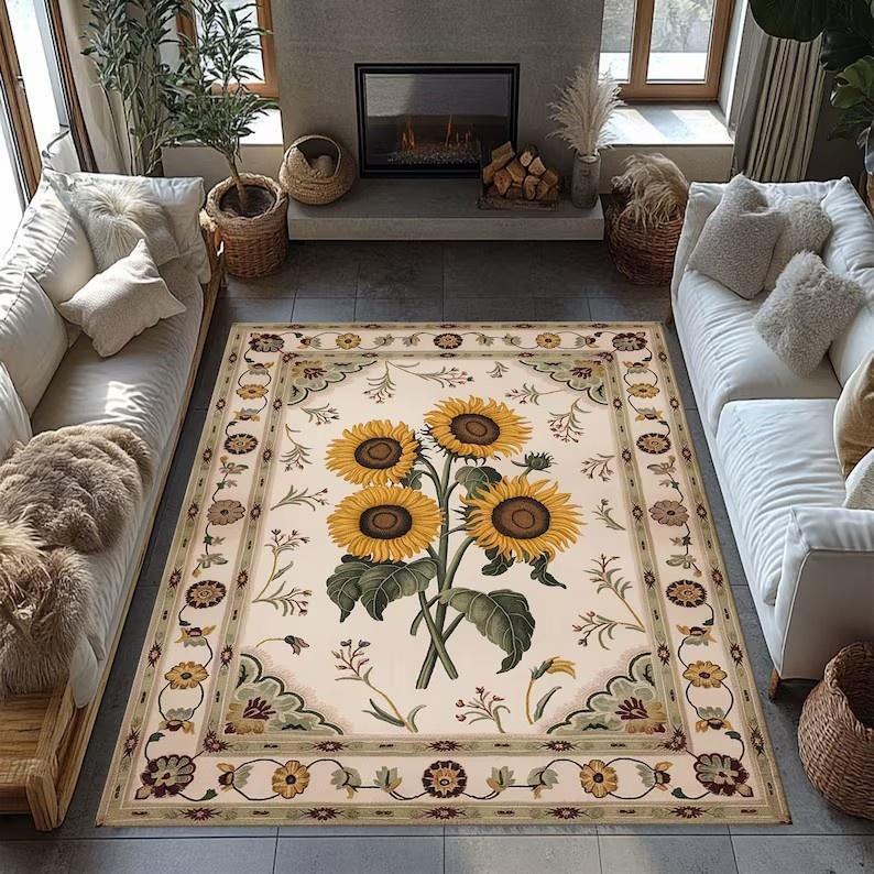 Sunflower Rug Living Room Rug Elegant Sunflower Rug Nature Inspired Sunflower Rug Vibrant Colorful Floral Design Living Room