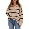 Cross border women's knitted sweater with European and American , casual collar and striped knitted sweater