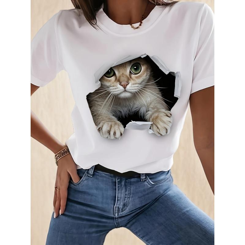 

Cat drilling printed T-shirt for women, casual and comfortable daily short sleeved S