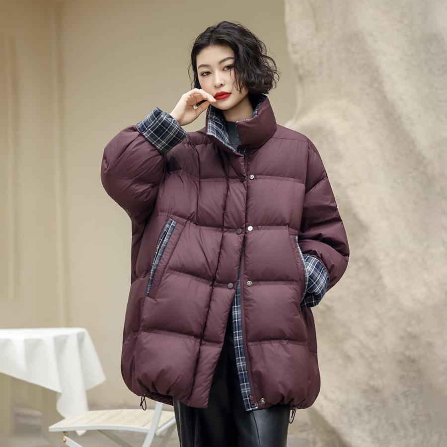 Autumn and winter new fashion stand-up collar plaid splicing medium and long down jacket women's turn-sleeved warm jacket tide