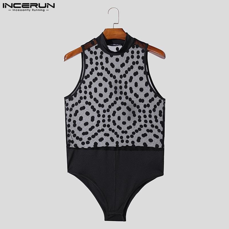INCERUN Men Mockneck Sleeveless Polka Dots Mesh Bodysuits See Through Fitted Briefs Jumpsuits