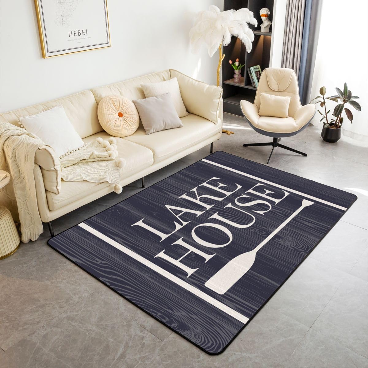 

Lake Rug Lake Cabin Decor,Vintage Country Retro Grey Blue Wood Carpet Lake Life Decor for Adults,Farm Style Lake Paddle Boat Camper The Lake 160cm x 200cm
