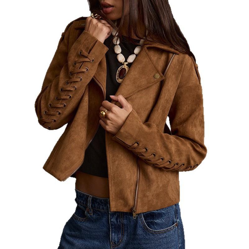 Womens Winter Slim Fit Suede Jacket With Fringe Detail Long Sleeve Short Coat
