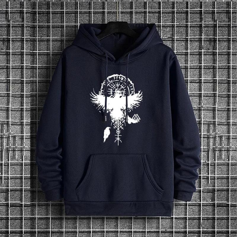 2025 New Urban Streetwear Hooded Sweatshirt Viking Raven Man Fashion Hoodie Male Trendy Hip Hop Style Autumn Winter Casual Hoody