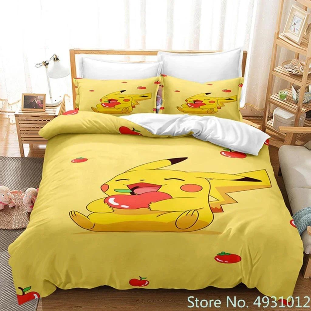 3D Anime Pikachu Bedding Set Duvet Cover Quilt Cover Pillowcase Double Queen King Size Baby Child Kids Bedroom Home Textile