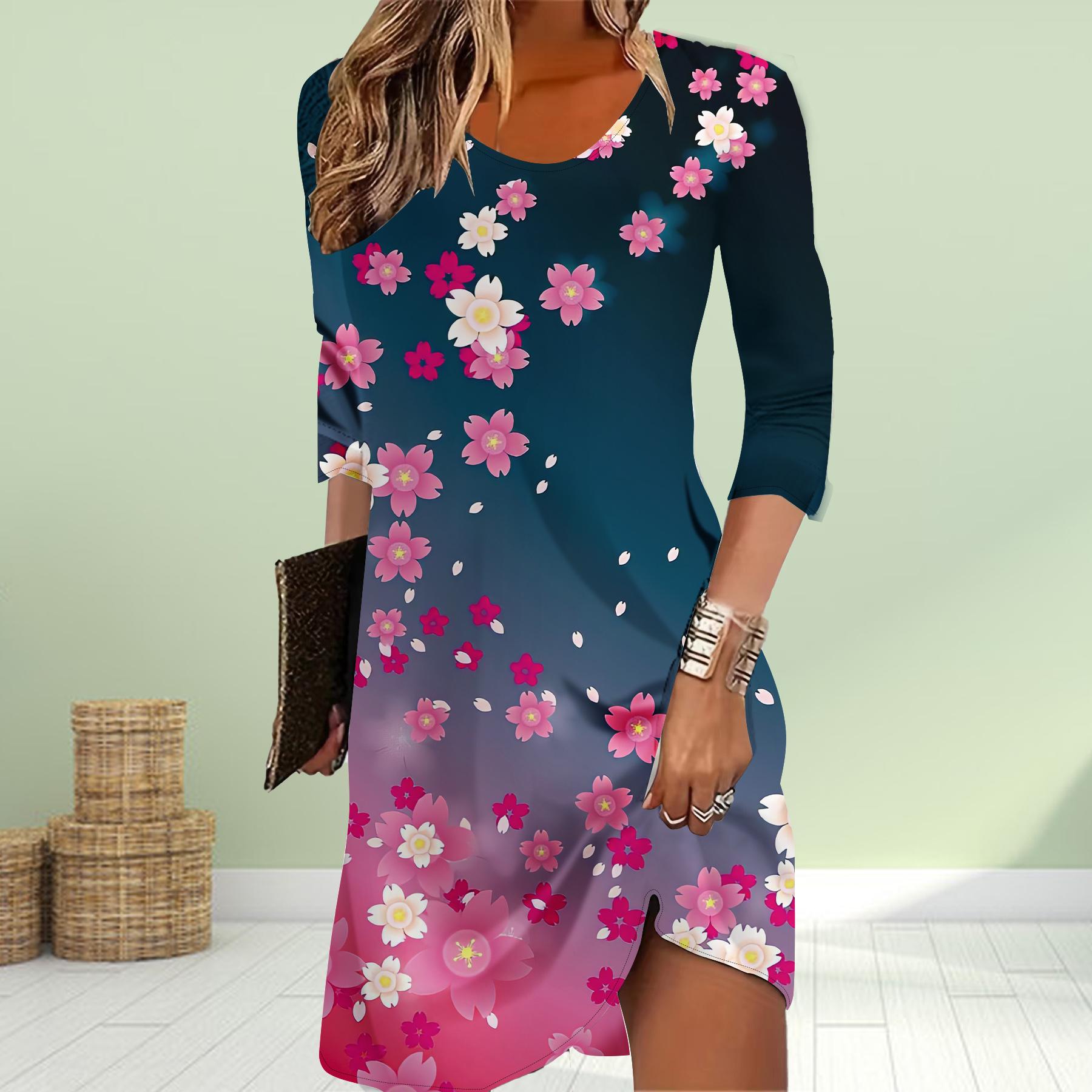 

Женское повседневное платье осеннее фиолетовое сверкающее платье с принтом роз для женщин с круглым вырезом и коротким рукавом платье больших размеров 3XL розовый