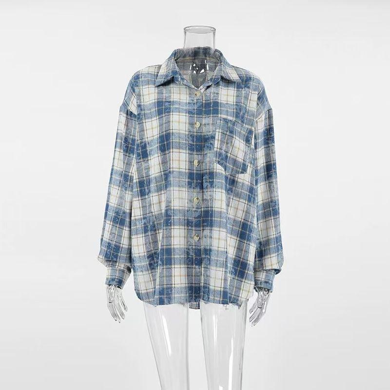 

Western Style Casual All-matching Loose Classic Long sleeve Plaid Pocket Shirts Loose Checked Shirt Plaid S