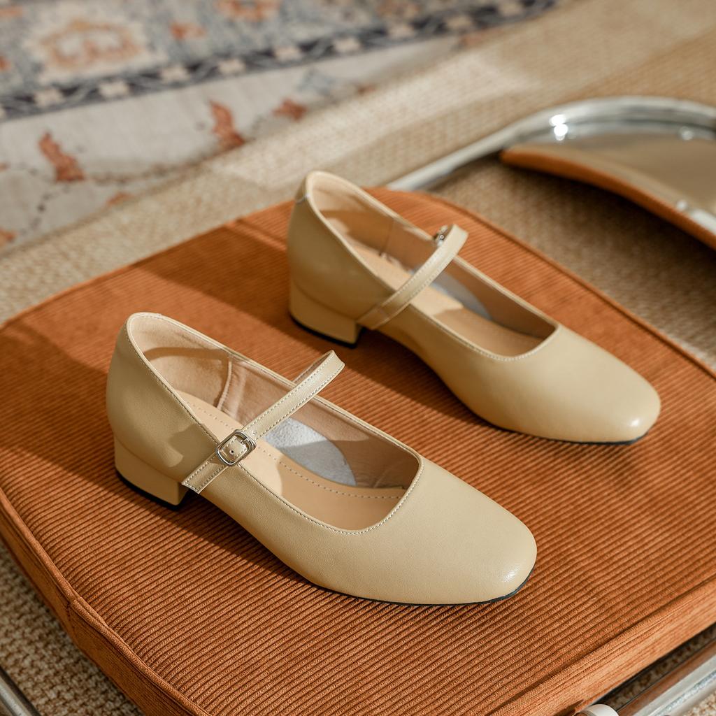 Leather square head shallow mouth high heels women's one-word buckle Mary Jane women's shoes with skirt spring and autumn French thick heel sing