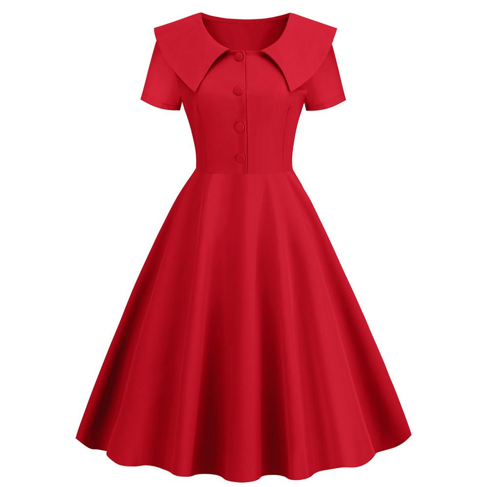 Retro Women Dress Turn-down Collar Shortn Sleeves A-line Big Swing Buttons Slim Fit Solid Color 50s Ball Prom Midi Dress