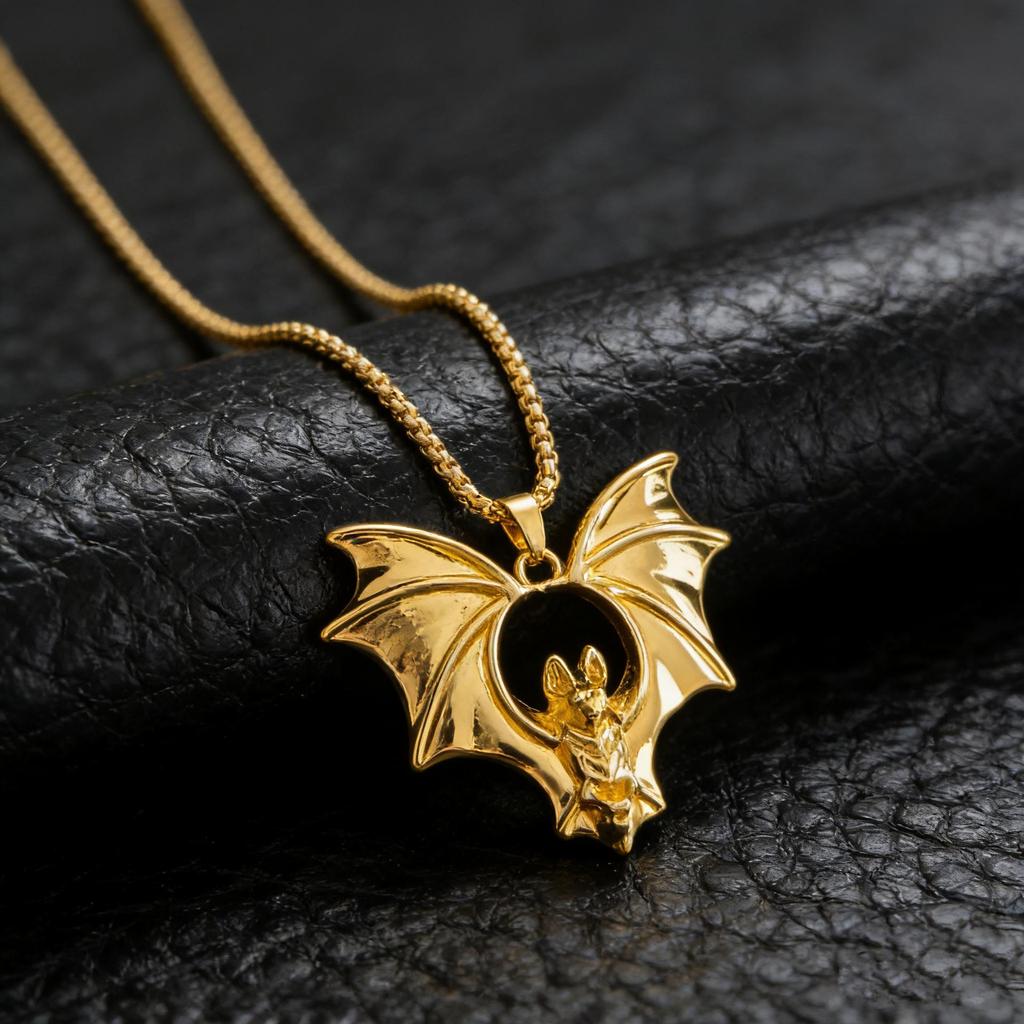 Gothic Bat Pendant Necklace with Metal Wings - Halloween Jewelry Charm Accessories
