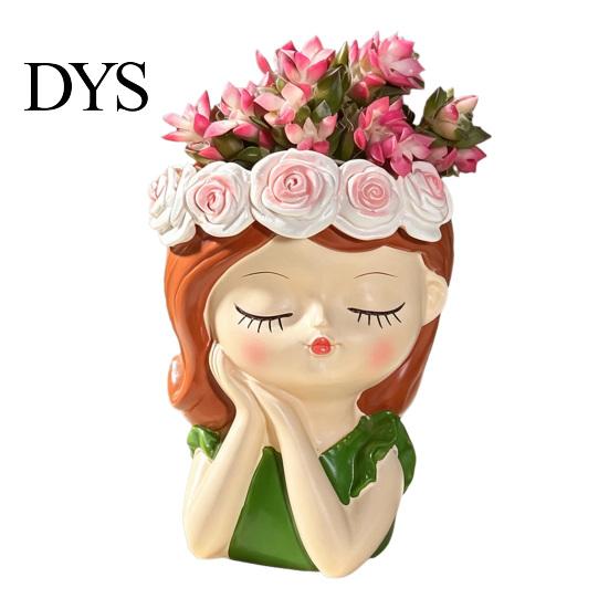 Decorazione per la Casa Fantasiosa Vaso in Resina per Ragazza Carina, Vaso a Forma di Testa con Ghirlanda di Rose, Fioriera da Scrivania Contenitore Decorativo per Piante Grasse Cactus
