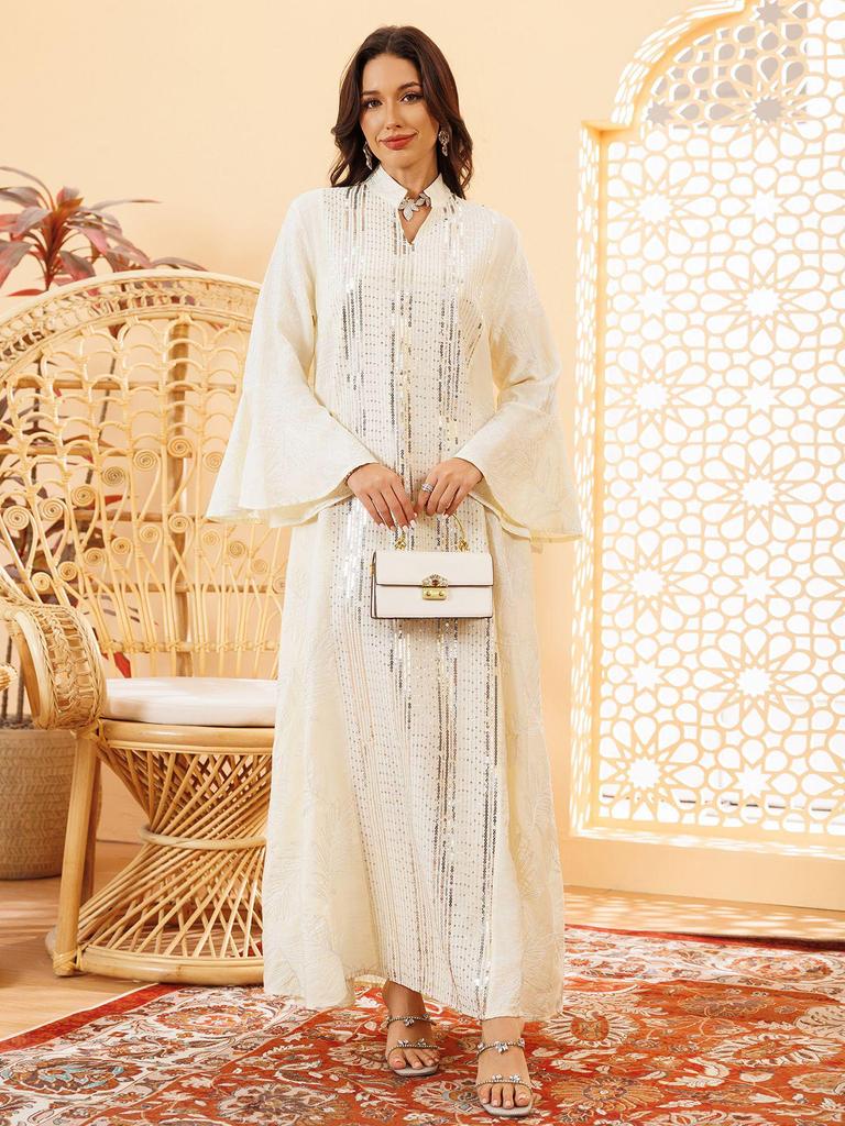 Elegant Sequin Embroidered Muslim Women's Robe - Middle Eastern Style Long Dress