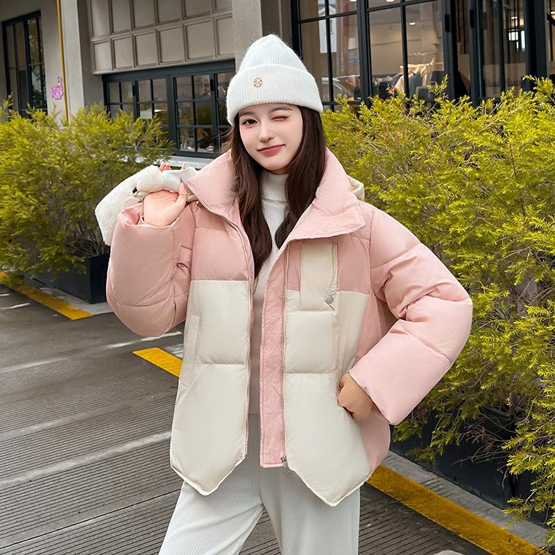 

Colorblock Hooded College-style Short Cotton-padded Coat Basic Jacket XXL розовый