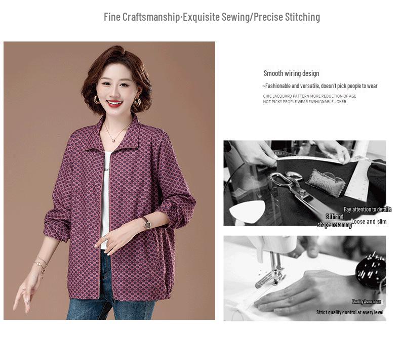 Polka Dot Stand Collar Plus Size Jacket for Women - Stylish Spring/Autumn Trench Coat for Middle-Aged Moms