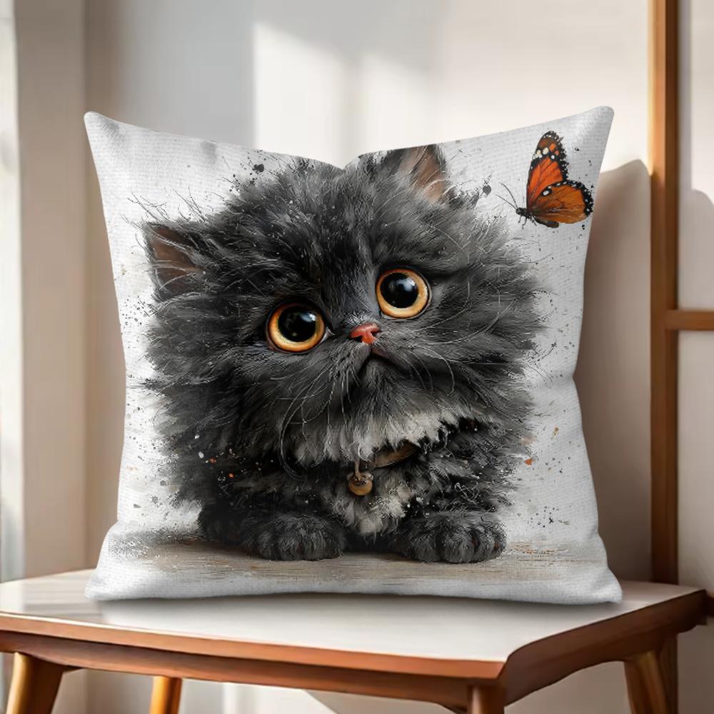 cute cat and flower Cushion Cover Natural Linen Organic Fabric DoubleSided Printing Couch Pillow Covers Home Decor Gift