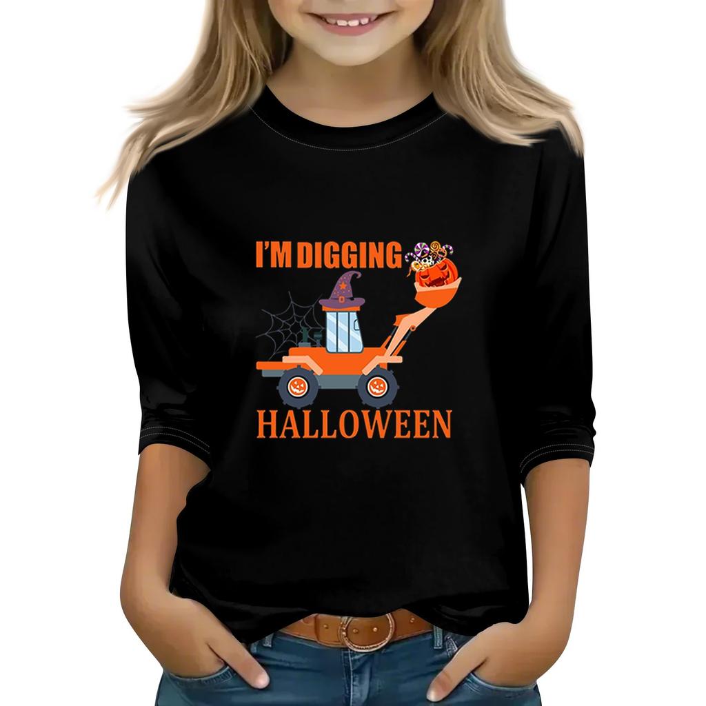 Print Tops For Youth Girls Round Neck 3/4 Sleeves T-Shirts Trendy Tops Outfit Tees