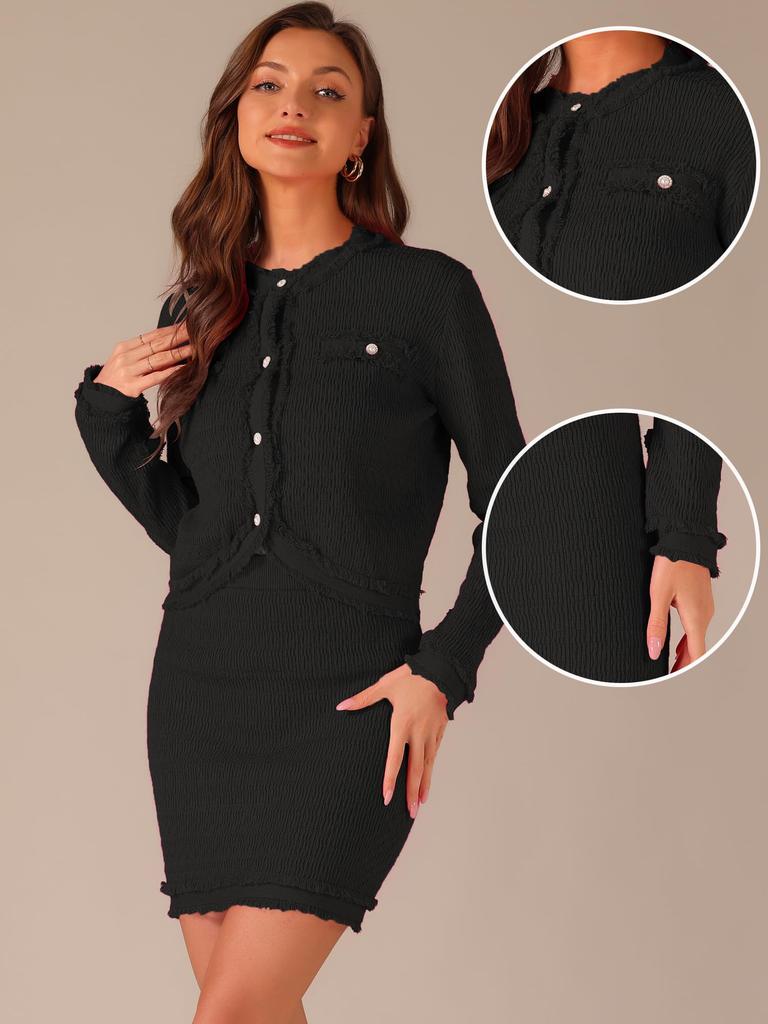 Allegra K Women's Vintage 2-Piece Suit: Stretch Sweater, Short Jacket, and Skirt, Black, Size M