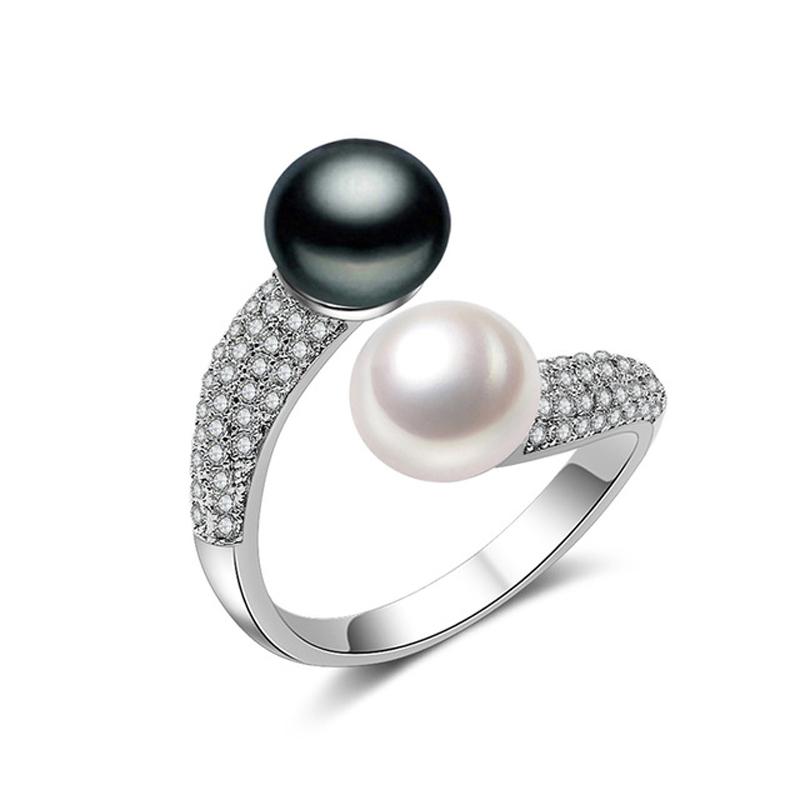 Double Pearl Rings Women Daughter Gift Bridal Black Pearl Ring