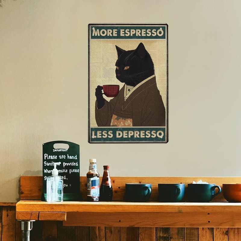 Vintage Black Cat Coffee Poster More Espresso Less Depresso Wall Sign Novelty Metal Tin Sign Home Vintage Art Decor Iron Painting 8X12 Inch