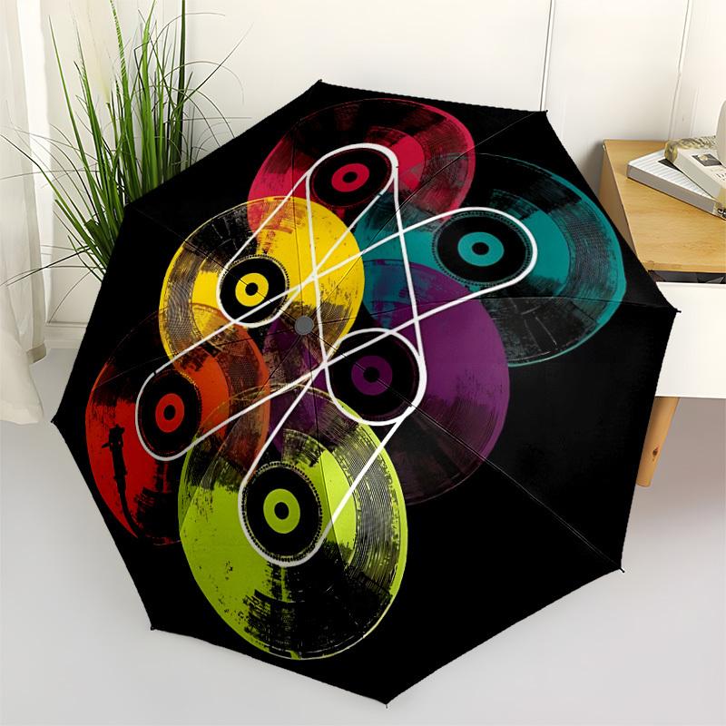 1pc Vinyl Music Automatic Folding Umbrella - Compact 8-Rib Design, Durable Plastic & Iron, Lightweight for Outdoor Daily Use222