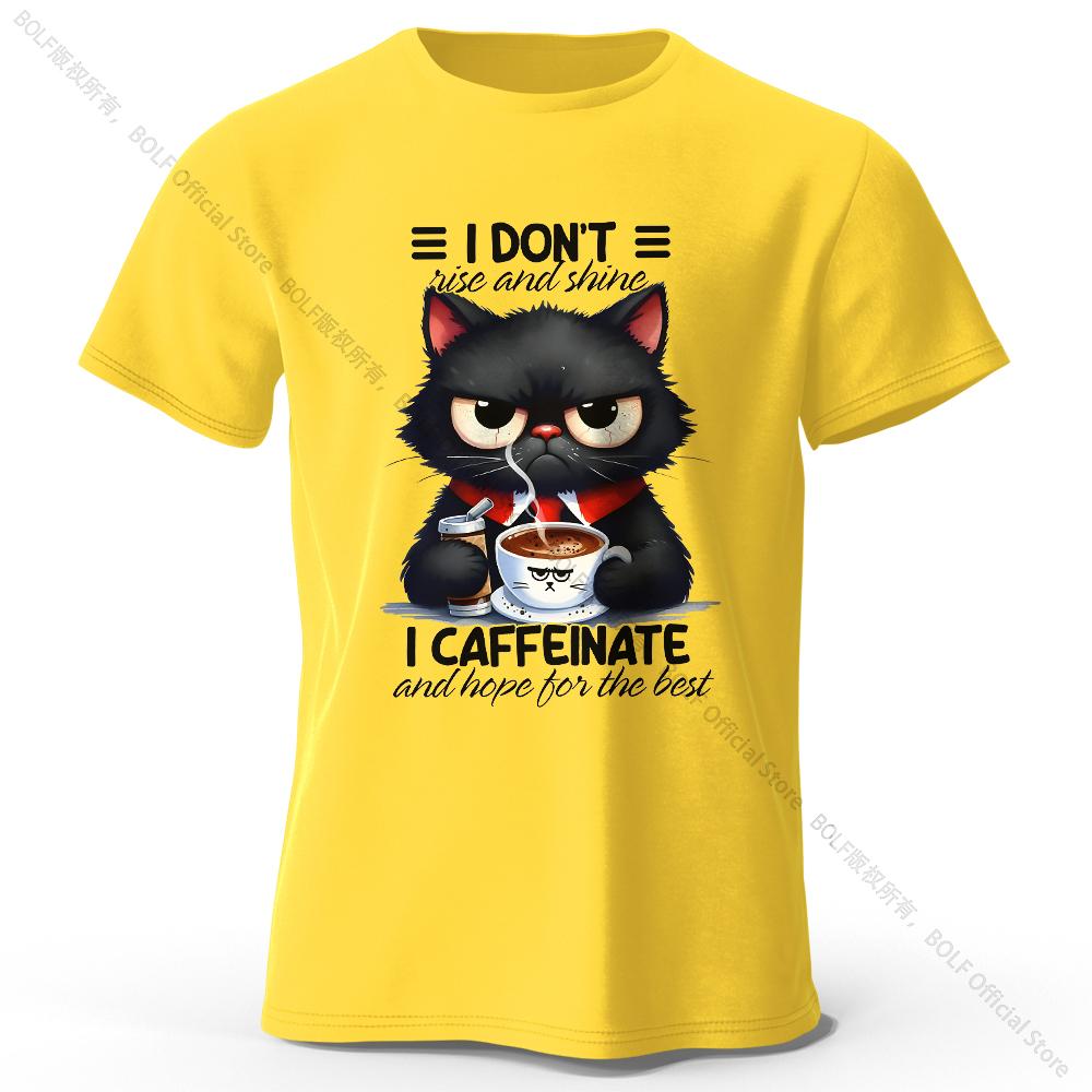 Coffee Loving Cat Print 100% Cotton T-Shirt, Soft & Breathable Round Neck Short Sleeve Tee, Unisex Fun & Quirky Style