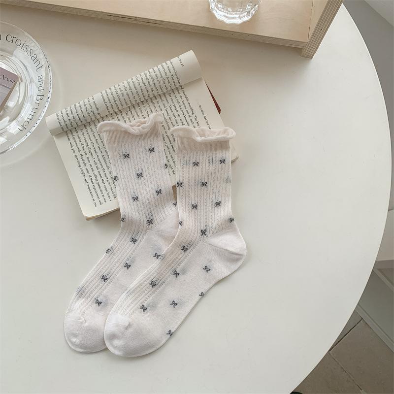 Spring and Summer Socks for Women: Thin Combed Cotton Mid-calf Socks with Mesh, Black Ear Trim, Bow, Long Calf Pile Socks