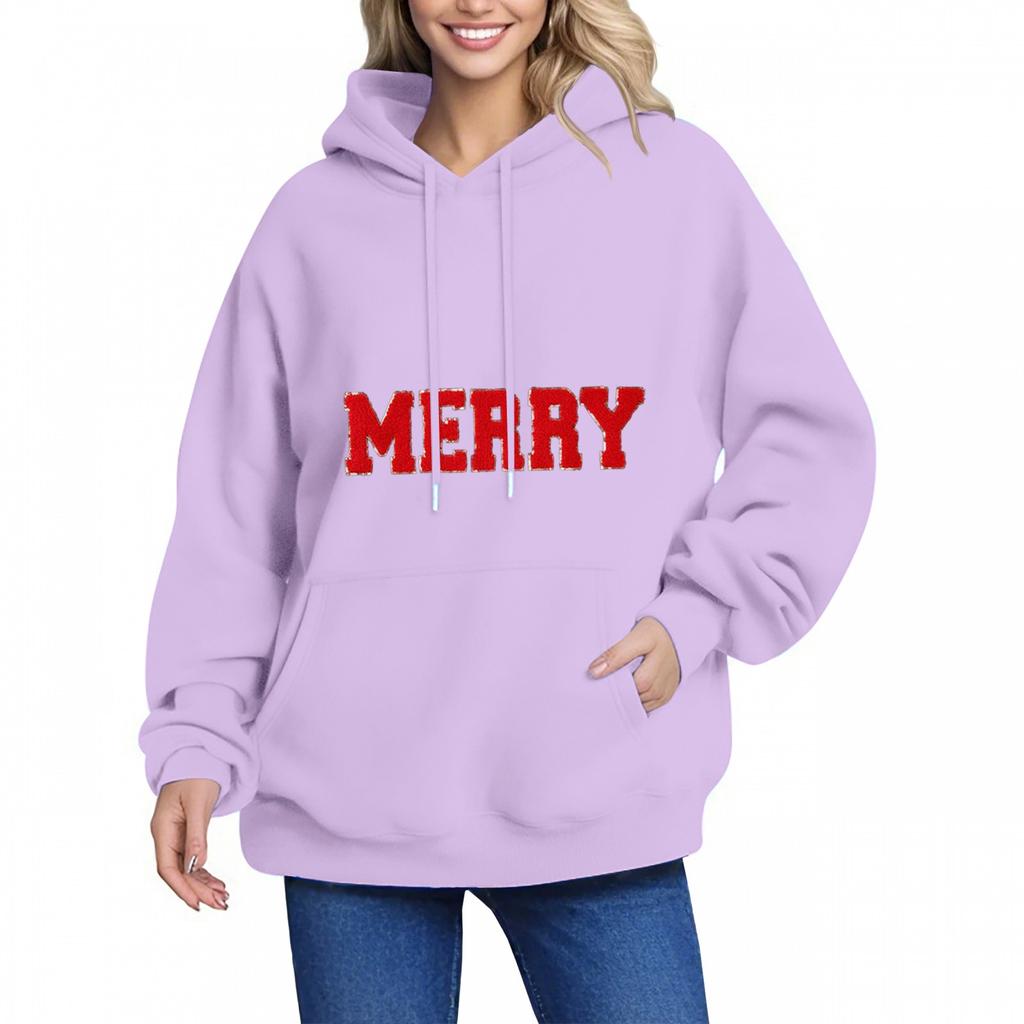 MERRY Women's Hoodie Letter Small Print Long Sleeve Pocket Loose Pullover Sweatshirt Top