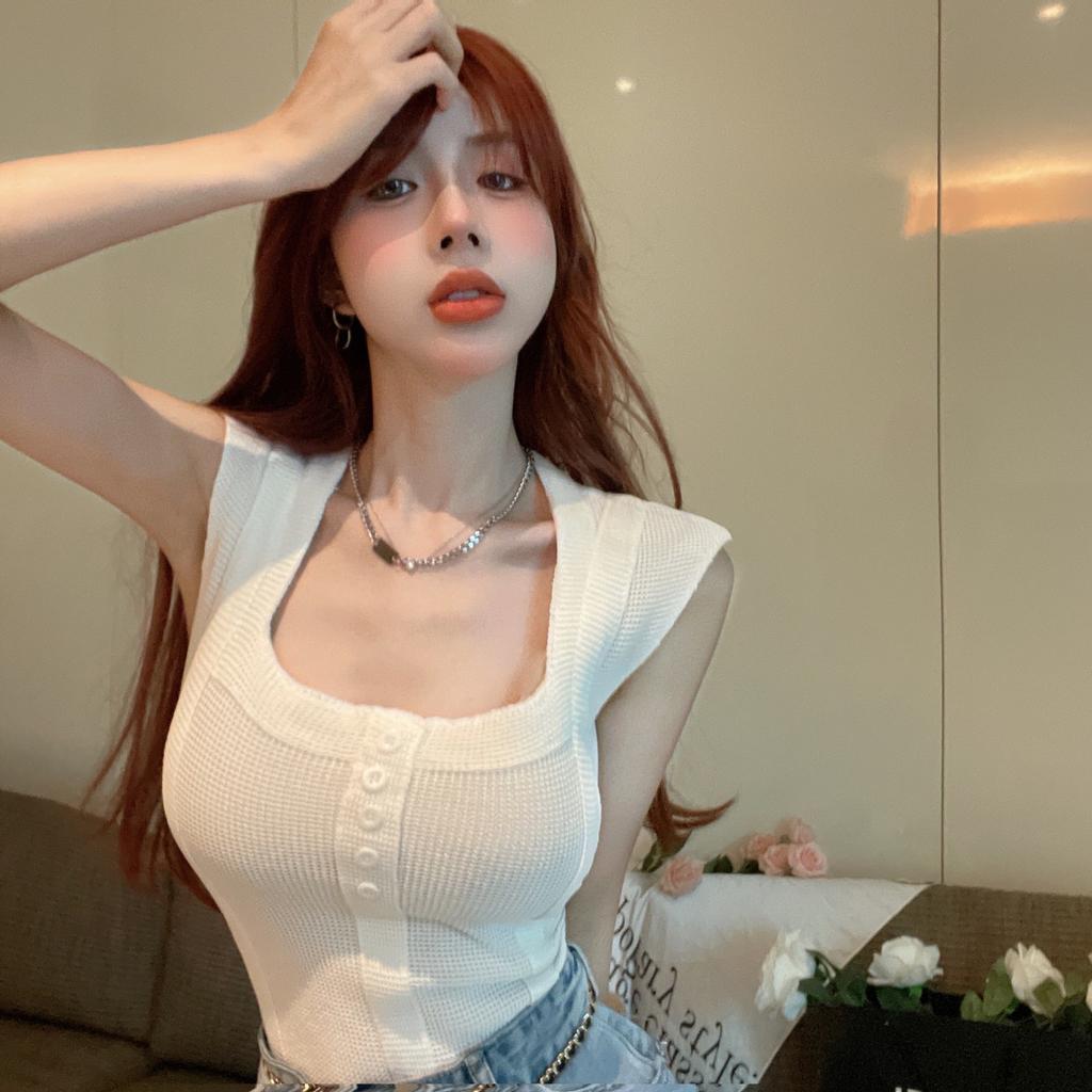 Square Neckline Small Flying Sleeves with Knitted Suspender Vest Summer Slim Fit and Slim Sweet and Spicy Sleeveless Bottoming Shirt Top for Women