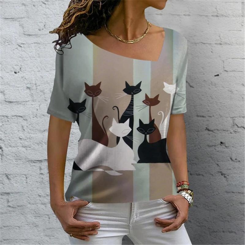 Kreslená kočka Digitální 3D tisk Dámské tričko Krátký rukáv Léto Ležérní Šikmý límec Personalizované Žena Dámské topy Oblečení