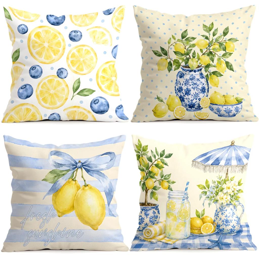 Fresh Blue And Yellow Lemon Pictures Cushions Pillowcase Polyester Cushion Cover Throw Pillow Pillowcover Home Car Sofa Decor