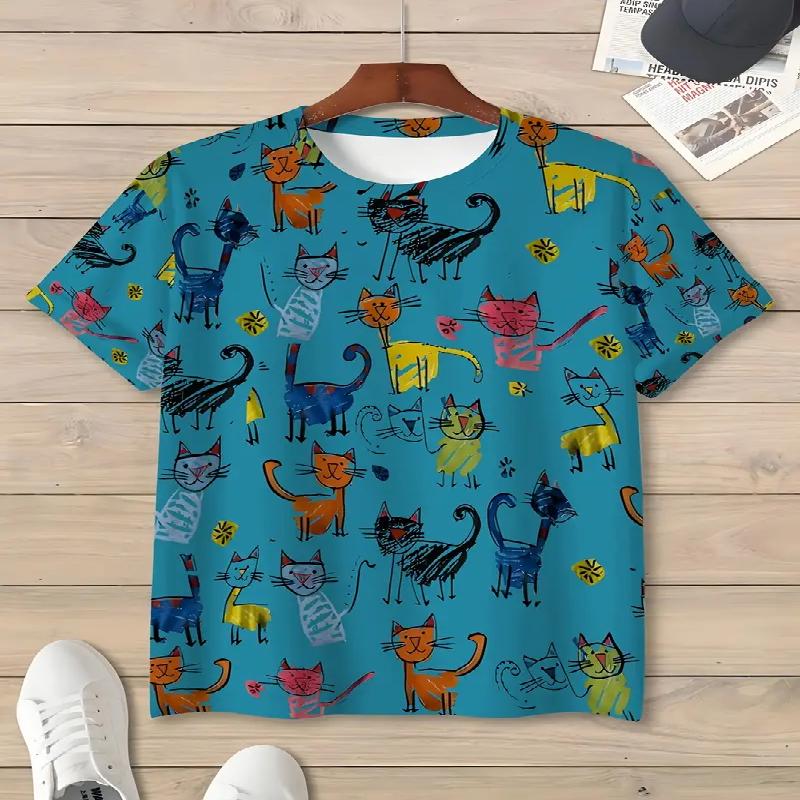 Мужская футболка с красочным рисунком кошки, повседневная, из полиэфирного волокна, с круглым вырезом и короткими рукавами, подходит для комфортного отдыха на открытом воздухе и повседневной жизни летом 6XL синий