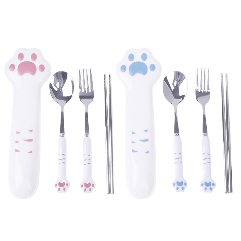 Cartoon Cat Claw Stainless Steel Spoon And Fork Set Spoon Chopstick Cutlery Student Outdoor Camping Portable Kitchen Accessories