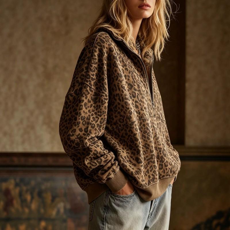 Womens Oversized Stand Collar Leopard Print Hoodless Sweatshirt Loose Fit 2025 Casual Long Sleeve Top