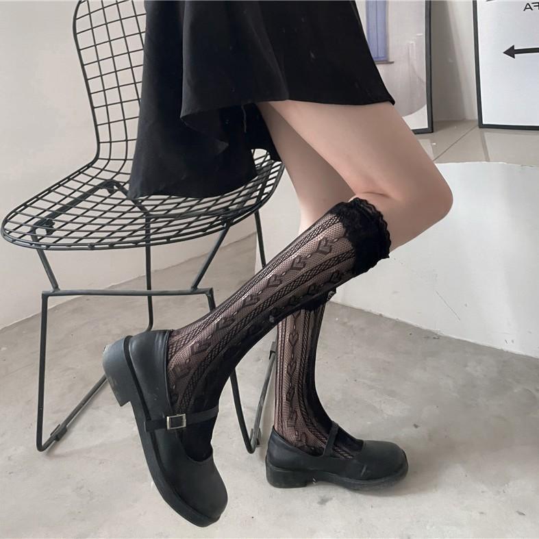 Damesokker i Lolita-stil med blonder og hjerte, sommer, tynne, midt-legglengde, søte, japanske, hvite, myke, pustende, knehøye Jk-sokker for jenter