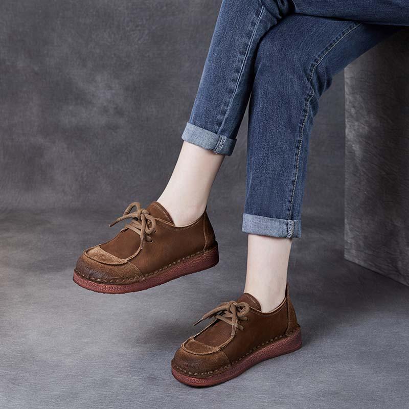 Take a Spring and Autumn New Fashion Color Matching Retro Soft-soled Women's Single Shoes Flat-soled Doudou Shoes First-layer Cowhide Lace-up
