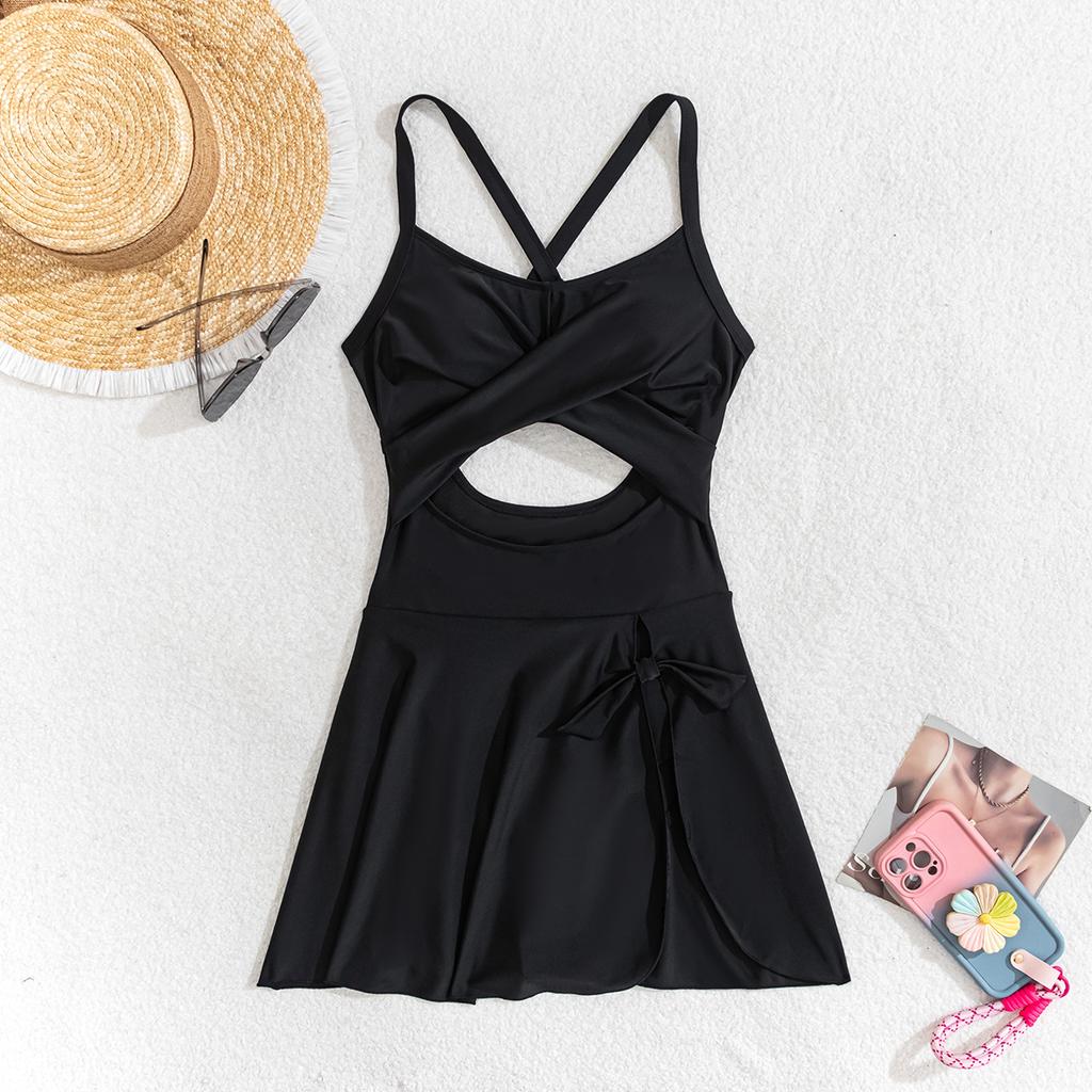 Women's Swimsuit Black Behind-revealed Back Tied Hollow One-piece Swimsuit Bikini Suit Beachwear Bathing Suits
