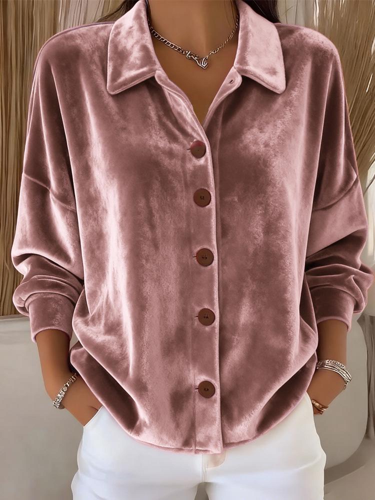 Women's Gold Velvet Long Sleeve Cardigan Shirt with Collar - European & American Style