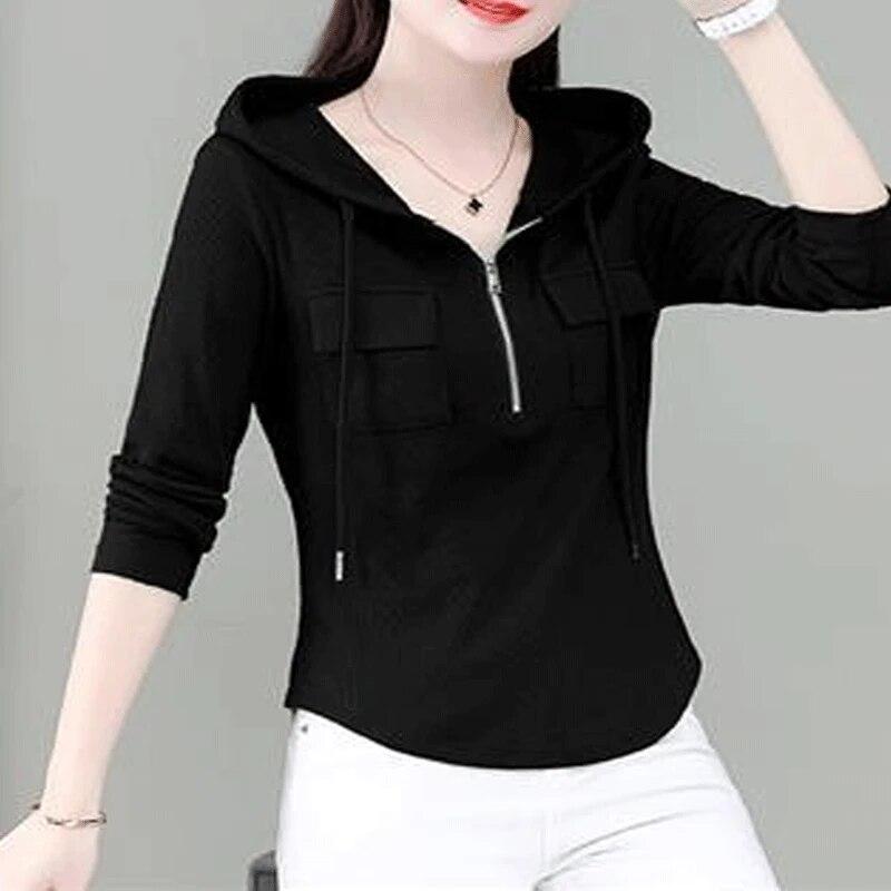 Spring and Summer Hooded Slim Long Sleeve Korean Version Spliced Pockets Solid Color Zipper Commute Fashion Causal T-shirt