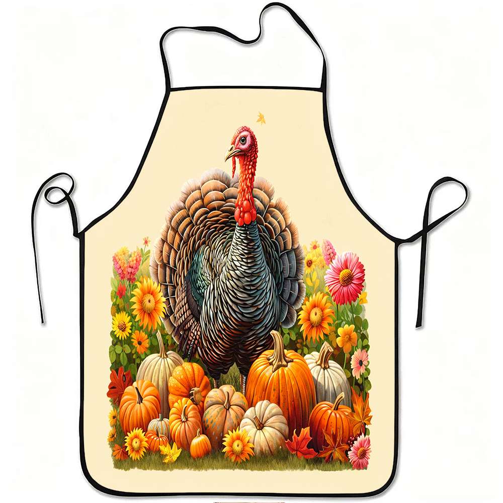 1pc of Thanksgiving-Themed Apron Featuring a Turkey And Pumpkin Floral Design, Made from Durable And Easy-To-Clean Polyester, with an Adjustable Waist