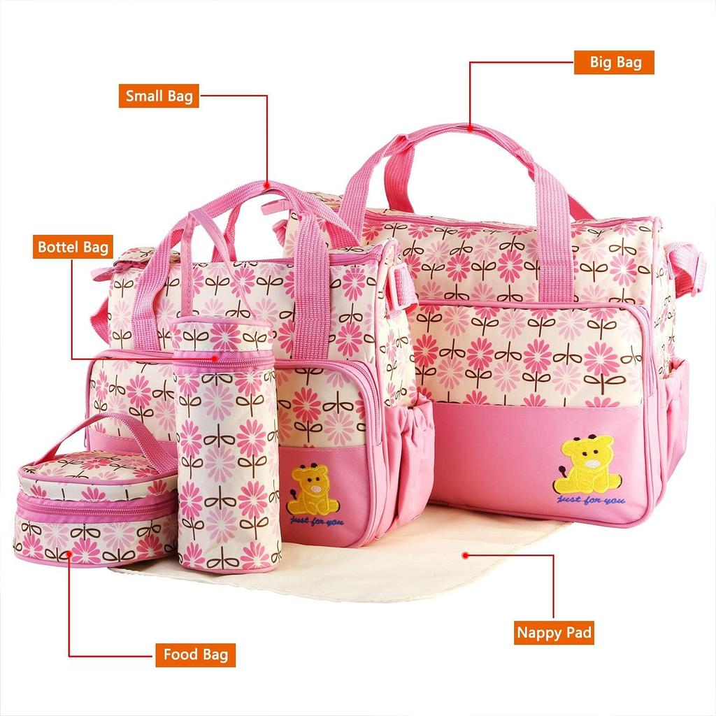 5PCS Baby Diaper Bag Set, baby nappy Handbag with Shoulder Strap, Portable Diaper Changing Bag for Mom Dad