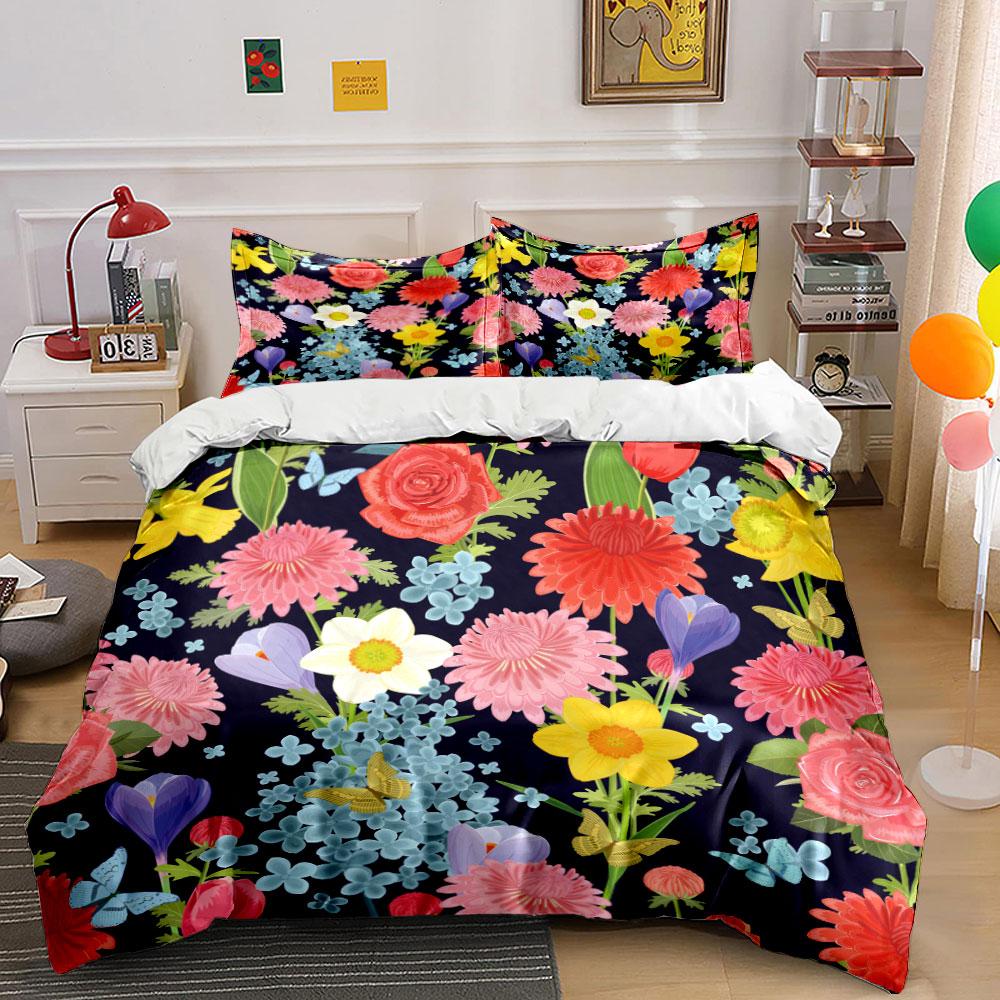 Colorful Flowers With Butterflies Bedding Set For Kids Luxury Gift 3Pcs Digital Print Comforter Set Soft Comfortable Breathable