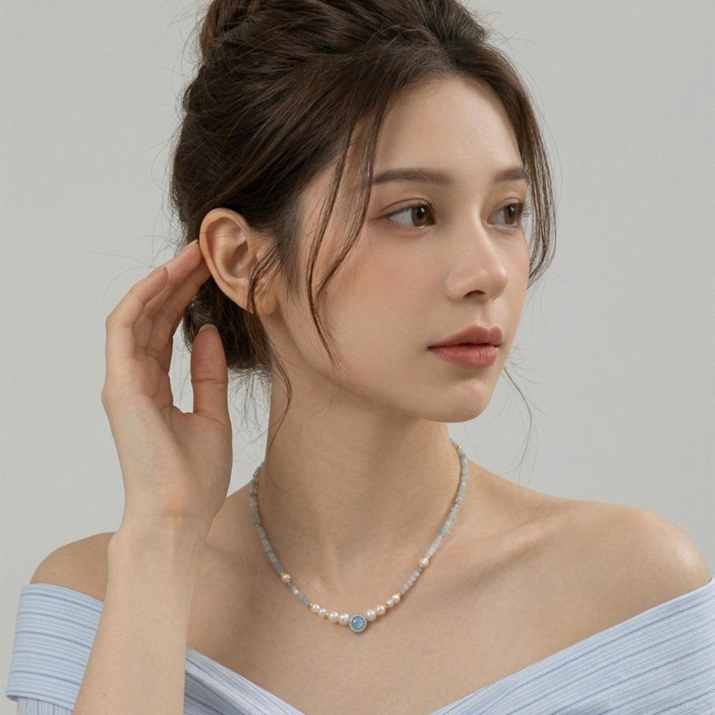 High-End Aquamarine & Freshwater Pearl Necklace for Women: Light Luxury, Versatile Clavicle Chain