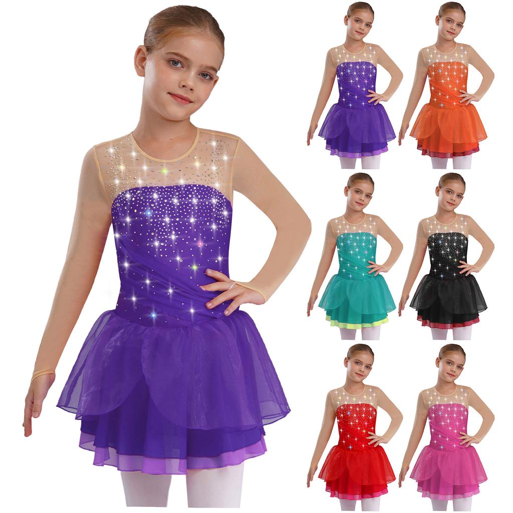 Costume da Gara di Pattinaggio Artistico per Ragazze Scintillanti Strass Abito da Danza Lirica