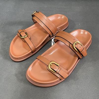Fashion Retro Design Women's Flat Sandals Fashion Metal Buckle 2024 Summer Beach Shoes for Lady Soft PU Leather Thick Bottom Footwear