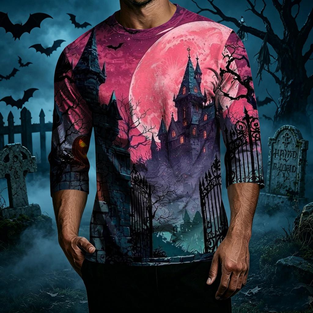 Men's Casual Halloween Print Crew Neck T Shirt Three Quarter Sleeve Regular Fit Top Suitable for Everyday Wear and Seasonal Events