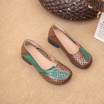 Genuine Leather Women's Shoes 2024 New Summer Retro Round Head Closed Toe Sandals Fashion Female Low Heel Shallow Mouth Shoes