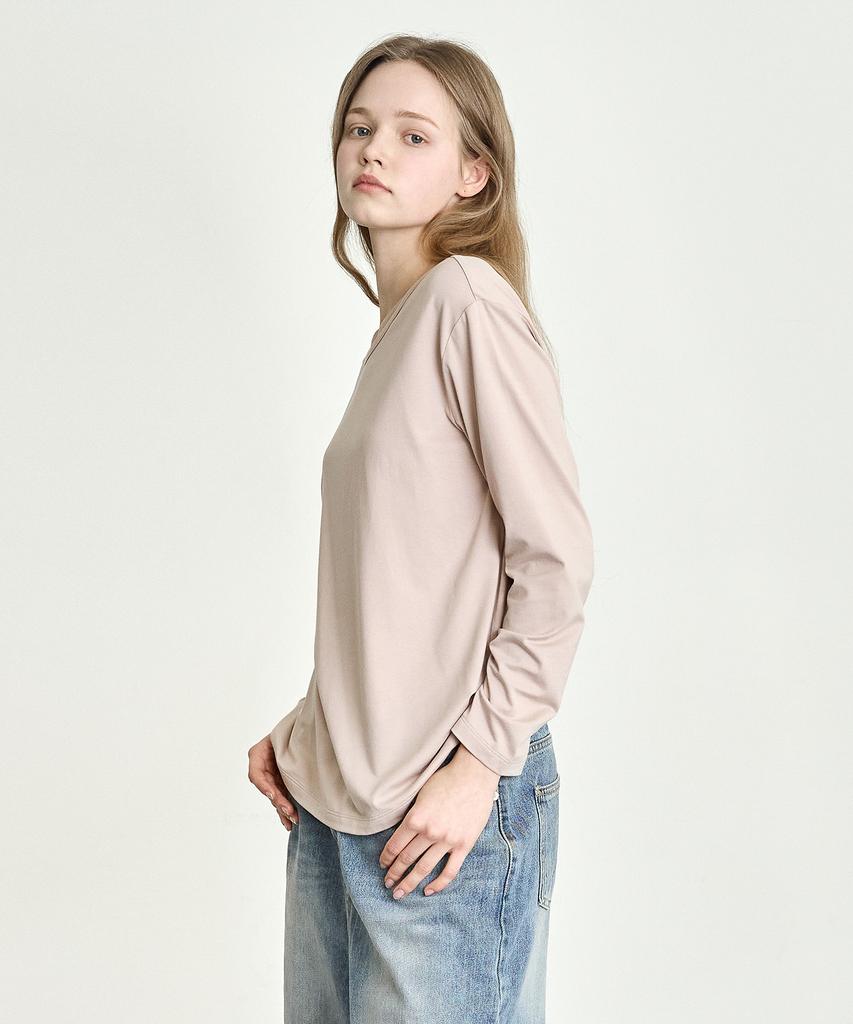 BASIC HOUSE Women'S Flowy Spandex U-Neck Oversized Long Sleeve T-Shirt Dark Beige